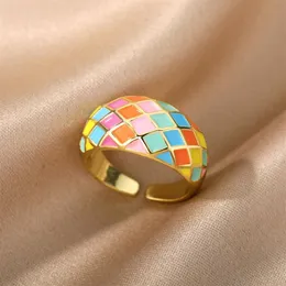 Anéis de cluster delicado esmalte para mulheres ajustável aço inoxidável quadrado xadrez gotejamento anel de óleo 2022 tendência boho jewerly anil242n