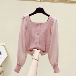 Women's Sweaters OL Pink Chiffon Korean Spring Pullover Knit Sweater Loose Coat Casual Cloth Girl T-shirt Tops Clothes For Women Lady