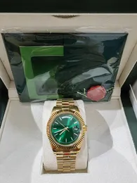Original Box Certificate 18K Gold President Male Watches Day Date Green Dial Watch Män Rostfri Bezel Automatisk armbandsur