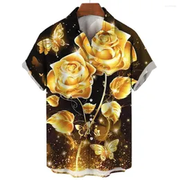Men's Casual Shirts 2023 Summer Caual Shirt Gold Rose Hawaiian 3d Printed Flower Fashion Street Button Short Sleeve