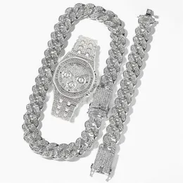 Correntes Cuban Link Chain Iced Out Watch Mens Conjunto de Jóias Colar Relógio Pulseira Hip Hop MiamiRhinestone Africano Choker289T