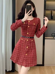 Basic Casual Dresses High-End Tweed Dress For Women O-Neck Long Sleeve Woolen Dress New Autumn Winter Plaid Tweed Dresses Vestidos With Belt 2024