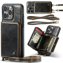 Retro Crossbody Zipper Vogue telefonfodral för iPhone 15 14 13 12 11 Pro Max Samsung Galaxy S23 Ultra S22 S21 Plus flera kortplatser Läderplånbokskedjan