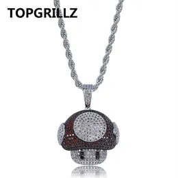 TOPGRILLZ Hip Hop Shiny Colorful Mushroom Pendant Necklace Charm For Men Women Gold Silver Color Cubic Zircon Jewelry Rope Chain217B