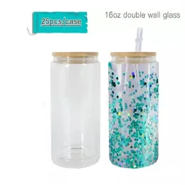 16oz 25oz Double Wall Sublimation Glass Can Snow Globe glass Tumbler Beer Glass Clear Drinking Glasses With Bamboo Lid And Reusabl255p