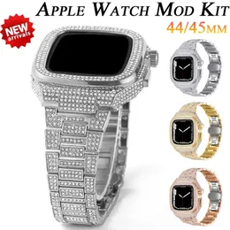 Luxury Full Rhinestone Case with Strap For Apple Watch s9 Band 45mm 44mm Modification Kit Metal Bracelet Band iWatch 9 7 8 SE Diamond Strap
