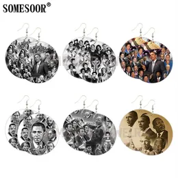 Somesoor, alias Black History Liderzy pomalowane afrykańskie drewniane kolczyki Obama Mandela Michelle Design Wiselan Ear Dangle Jewelry3200
