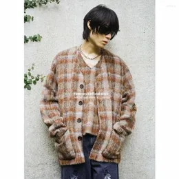 Men's Jackets Firmranch Brown Checked Plaid Mohair Cardigan For Men Women V-neck Wool Coat Autumn Winter Sweater