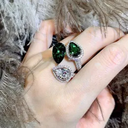 Wedding Rings Three-stone Finger Ring Water Drop Emerald Cubic Zircon Party Band For Women Promise Birthday Jewelry