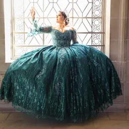 Blackish Green Shiny Quinceanera Dresses Off Shoulder Long Sleeved Ball Gown Sweet 16 Dress Beading Appliques Sequins Birthday Party Gowns