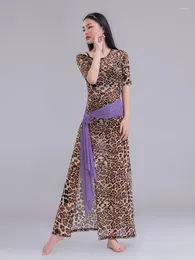 Stage Wear Short Sleeves Belly Dance Performance Clothings Jazz Leopard Sari Egyptian Dress Latin Clothes Mesh Fantasia Dancer Split