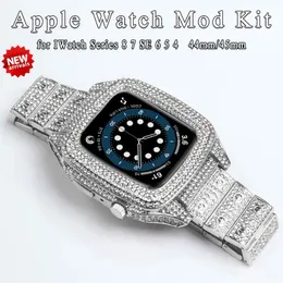 Kit de modificação luxuosa de diamante completo para apple watch 9 8 7 45mm, pulseira de caixa de metal em aço inoxidável, iwatch s9 45mm, faixa brilhante