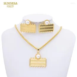 Necklace Earrings Set SUNNESA 18K Gold Plated Senegal Jewelry For Women Elegant White Bead African Party Gift Dubai Jewellery