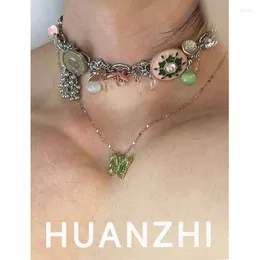 Choker Huanzhi Green Vintage Double Layers Necklace Flower Butterfly Zircon 낭만적 인 섬세한 매력 보석 여자를위한