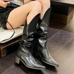 Boots Vintage Pleated Mid-Calf Cowgirl Boot Black PU Leather Pointed Toe Western Boots Woman Large Size Chunky Heels Long Botas 230928