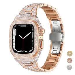 Luxury Full Diamond Strap with Case for Apple Watch 9 8 7 45mm 6 5 4 SE 44mm Alloy Metal Baffle Modification Kit Rubber Band IWatch 45Mm Accessories