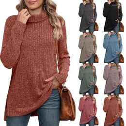 Kvinnors T -skjortor Autumn Winter High Neck Side Split Solid Color Long Sleeve Tshirt Damer Sticked Pullover Top Female Clothes Casure Wear