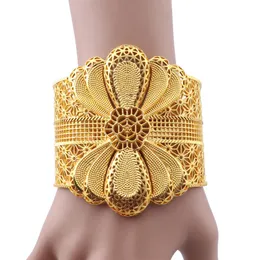Luxury Indian Big Wide Bangle 24k Gold Color Flower Bangles For Women African Dubai Arab Wedding Jewelry Gifts279Y