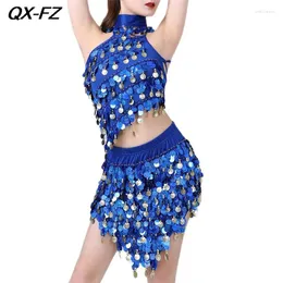 Stage Wear Women's Sequins Latin Dance Costume Set Tassels Backless Strappy Tank Top And Skirts Rumba Samba Cha Tango Outfit