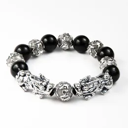 Feng Shui Lucky Plated Antique Silver Double Pixiu Bracelet Nutural Stone Obsidian Beads Bracelet For Men277D