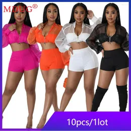 Women's Tracksuits 10sets Wholesale Women 2 Piece Set Sexy Mesh Patchwork Tracksuit Shorts Outfits Club Y2k Clothes Fashion See Through