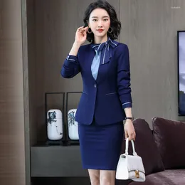 Two Piece Dress Korean High Quality Autumn Winter Formal Blazer Women Business Suits With Sets Work Wear Office Uniform Dark Blue Skirt