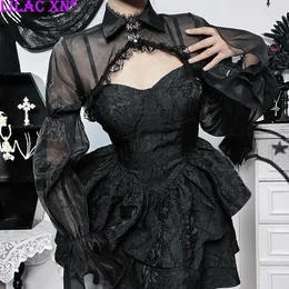 Women's T Shirts Goth Black Lace Mesh See Through Smock For Women Top Y2K Sexy Aesthetic Puff Sleeve T-Shirt Smocks Cosplay Fashion