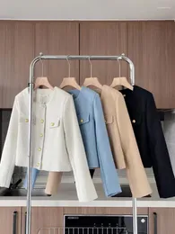 Kvinnors jackor korea mode tweed coat kvinnor franska elegant temperament runda nacke frayed sömmar chic enkelbröst ulljacka
