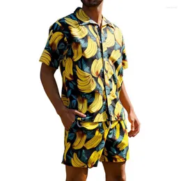 Herrspår 2023 Mens Tropical Print Leaf Banana Hawaii Shirt and Dry Beach Shorts Hawaiian Set