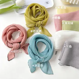 Scarves OMEA Solid Pleated Scarf Women Female Neck Decoration Thin Retro Small Neckerchief Head Elegant Color Marching Hemming