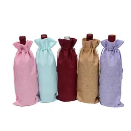 Ship 15 35cm Rustic Natural Jute Burlap Wine Bags Drawstring Wine Bottle Covers Weddings Party Champagne Linen Wine Gift Pack2296