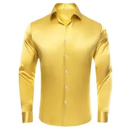Camisas de vestido masculinas Hi-Tie Ouro Amarelo Cetim de Seda Mens Lapela Collar Sólida Camisa de Manga Longa Blusa Macia para Presente de Negócio de Casamento Masculino