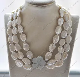 Chains Z12874 Luster 3Row 18" 19mm White Ellipsoid Coin Pearl Necklace