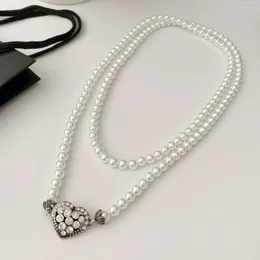 Kedjor Fashion Brand Crystal Heart Double Layer Pearl Sweater Chain Luxury Long Necklace Sweet Designer Jewelry 2023