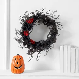 Guirlanda de Halloween com design de ramos artificiais ABS preto morto com guirlanda de porta vermelha para decoração