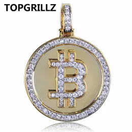 TOPGRILLZ Hip Hop Gold Color Color Plated Iced Out Micro Pave Zirconia Round Bitcoin Pendant Necklace For Men Women254d