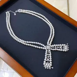 Chains Hand Knotted 2 Rows 43-47cm 7-8mm White Nearly Round Freshwater Pearl Micro Inlay Zircon Necklace Fashion Jewelry