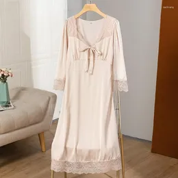 Women's Sleepwear Lace Hollow Out Sleepdress Summer Kimono Dressing Gown V-Neck Nightdress Women Satin Nightwear Sexy Intimate Lingerie