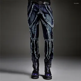 Calças masculinas personalidade mendigos jeans homme motociclista homens magros de alta qualidade remendo buraco denim masculino masculino reto azul