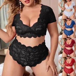 Bras Sets Women Sexy Plus Size Lingerie V Neck High Waist Floral Lace Bra And Mesh Frill Trim Set Female Erotic Costume