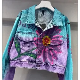 Women's Jackets Women Floral Letters Graffiti Printed Denim Jacket Spring Autumn Flowers Hand Painted Jeans Coat Long Sleeved Cowboy