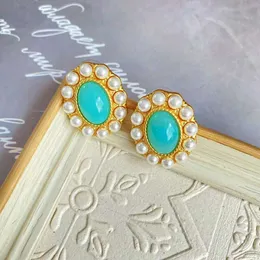 Medieval vintage pearl with gold-plated blue-green elegant earrings artistic temperament ear clips