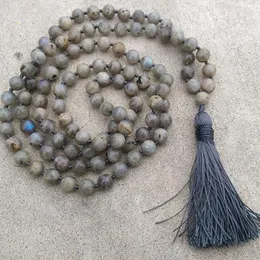 Pendant Necklaces Men Healing Meditation Gift Traditional Hand Knotted 108 Prayer Beads 8mm Labradorite Stone Grey Tassel Necklace Mala