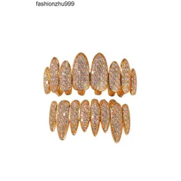 Iced Out 14K Gold Grills Crystal Teeth Top Bottom Diamond Grillz Teeth Hip Hop Bling Cubic Zircon Rapper Body Jewelry303t7935120