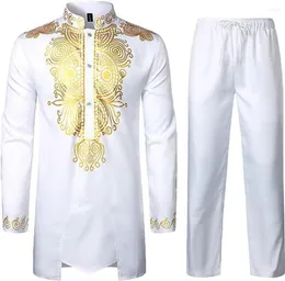 Męskie koszule afrykański styl młodzież mężczyźni złota wydrukowana 2pc długa koszula swobodne szczupłe spodnie ubrania kostium arabski kołnierz stojak