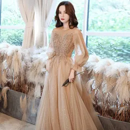 Ethnic Clothing Champagne Sexy Sequins Beaded Chinese Female Cheongsam Vestidos Chinos Oriental Wedding Gowns Party Long Sleeves Dresses
