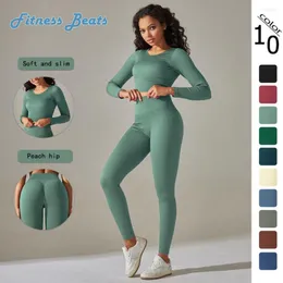Active Sets Gym Set Seamless Solid Color Thread Peach Hip High Waist Tight Long Sleeved Top Pants Leggings Yoga Suit Sports Running Fitness