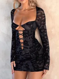 Casual Dresses Women Autumn Mesh Hollow Out Sheer Long Sleeve Mini Dress Black Bandage Bodycon Print Sexy Club Vestidos