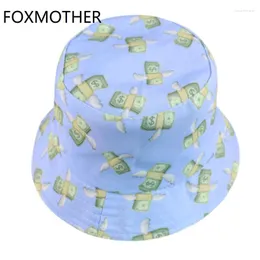 Berets FOXMOTHER Sky Blue Dollar Print Bucket Hats Fishing Hunting Caps Man Woman Outdoor Gorras Summer