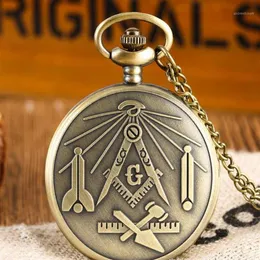 10pcs lot Vintage Bronze mason Pocket Watch Necklace Retro Quartz Pocket Watch Mason Masonic Jewelry Father's Day Gi232B